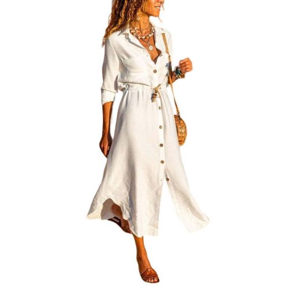 Floral Blooming Dresses & Skirts - Floral Blooming White Drawstring Midi Shirt Dress Size M
